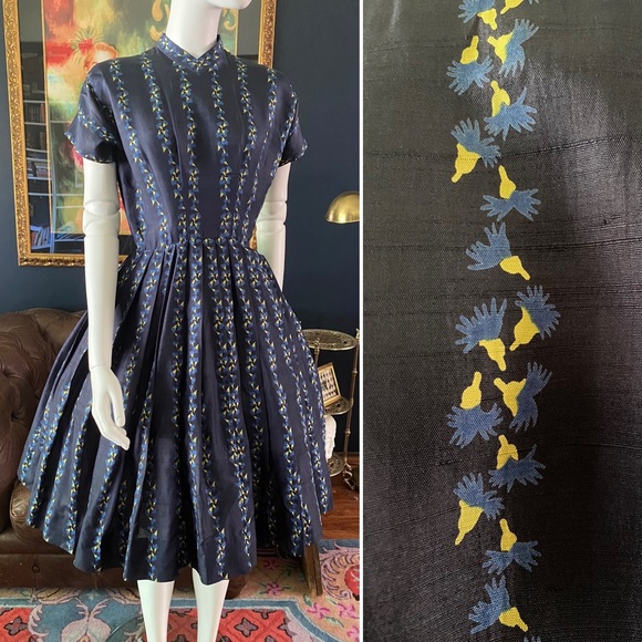 Vintage Dresses & Skirts - SALE 💙HP💙 VTG 50s Arkay dress navy and yellow midi